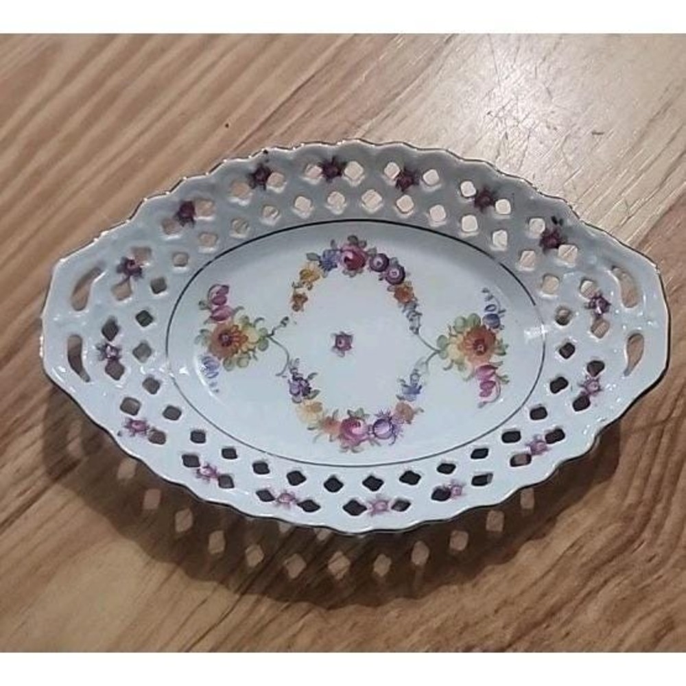 VTG Schumann Bavaria Dresden Floral  Reticulated Oval Porcelain trinket Dish 6.7